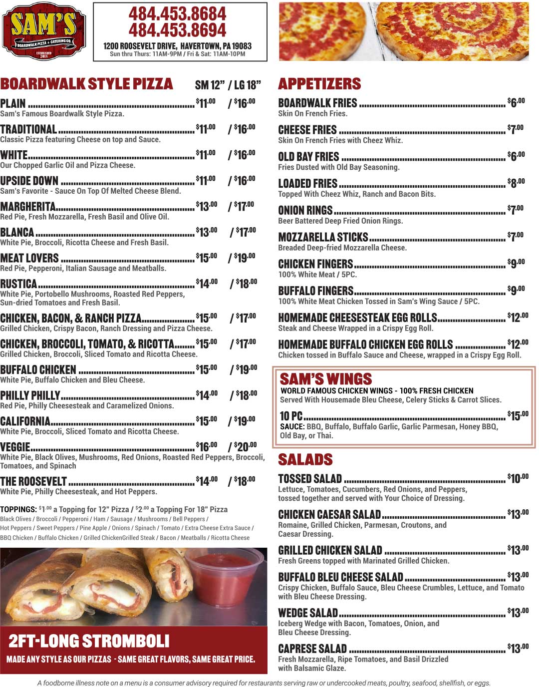 Typed Menu Coming Feb 20, 2026 - Call Sam's for Menu item prices and options if you cannot read the text on this image.