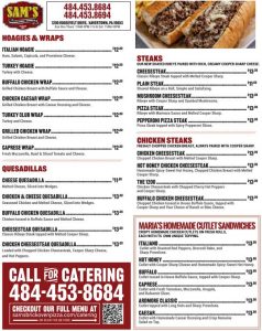 Typed Menu Coming Feb 20, 2026 - Call Sam's for Menu item prices and options if you cannot read the text on this image.